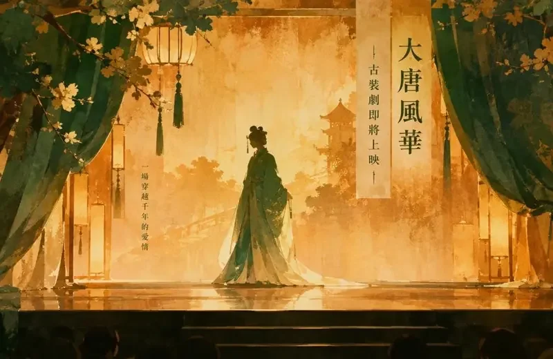 古装剧官宣水彩插画，暖色调