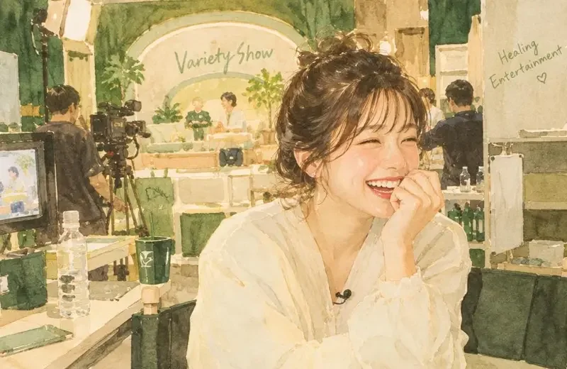 综艺片场意外直播,林梦瑶真实反应圈粉无数 综艺后台意外直播水彩插画,温暖治愈氛围